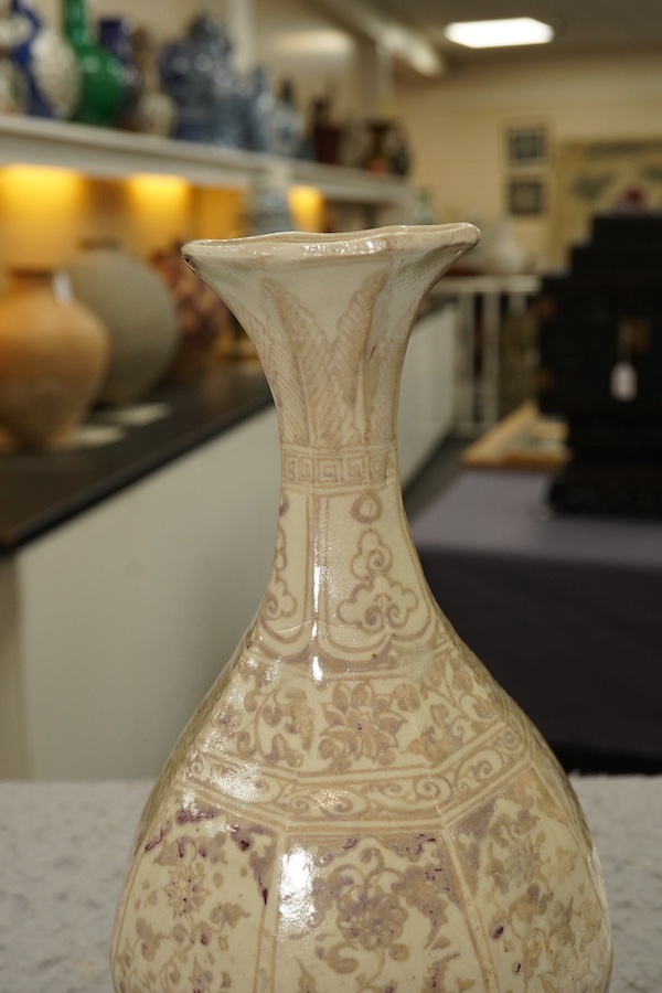 A Chinese underglaze copper red octagonal bottle vase, yuhuchunping, possibly Yuan or Hongwu period, Ming dynasty